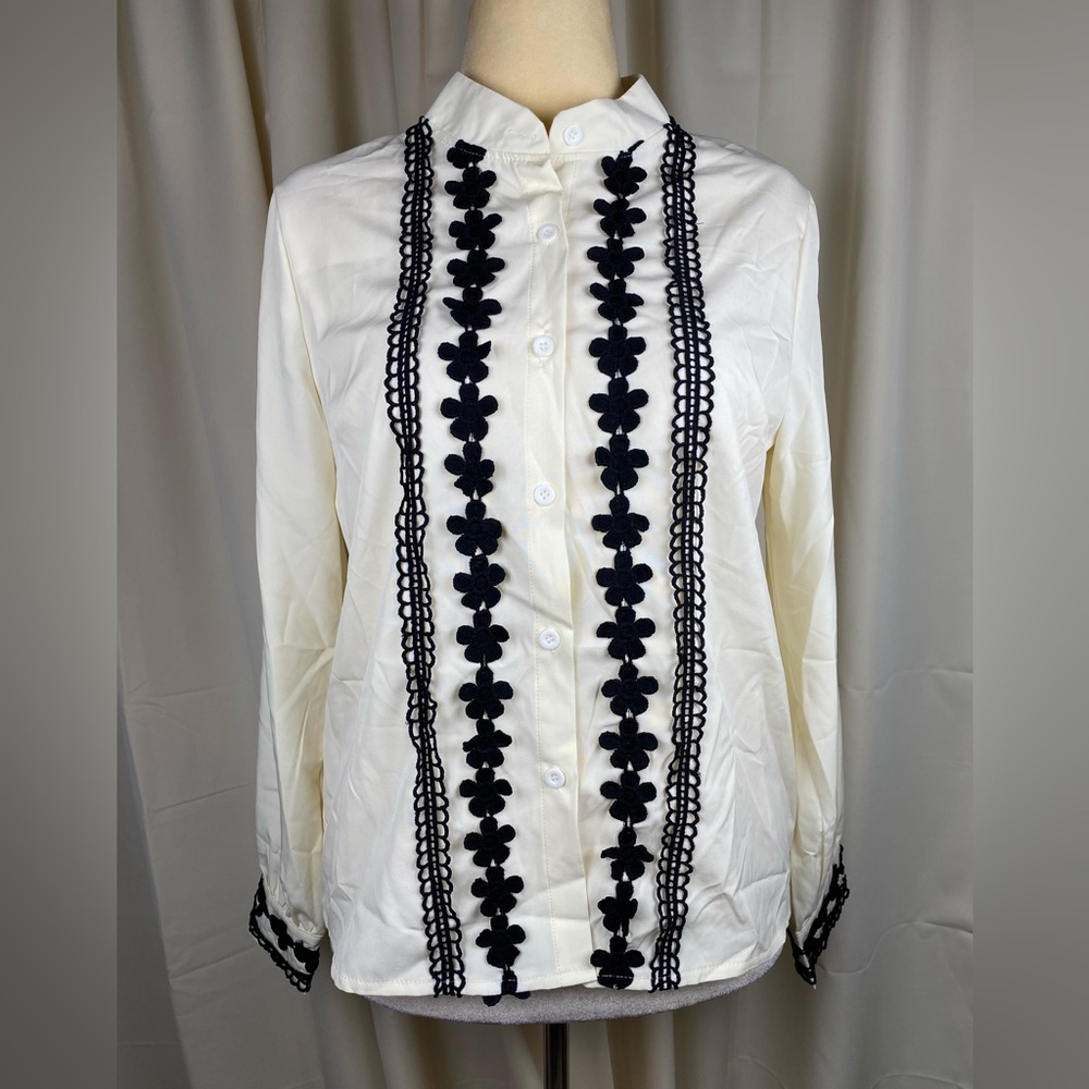 Cream Blouse with Black Floral Trim